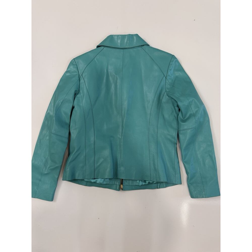 Women's Black Rivet M Lether Jacket, Aqua Blue - Picture 6 of 7